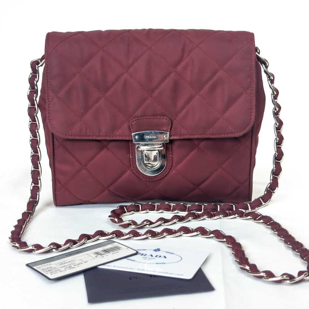 PRADA Impuntu Tessuto Quilted Nylon Chain Crossbody Bag Granato Shoulder Bag